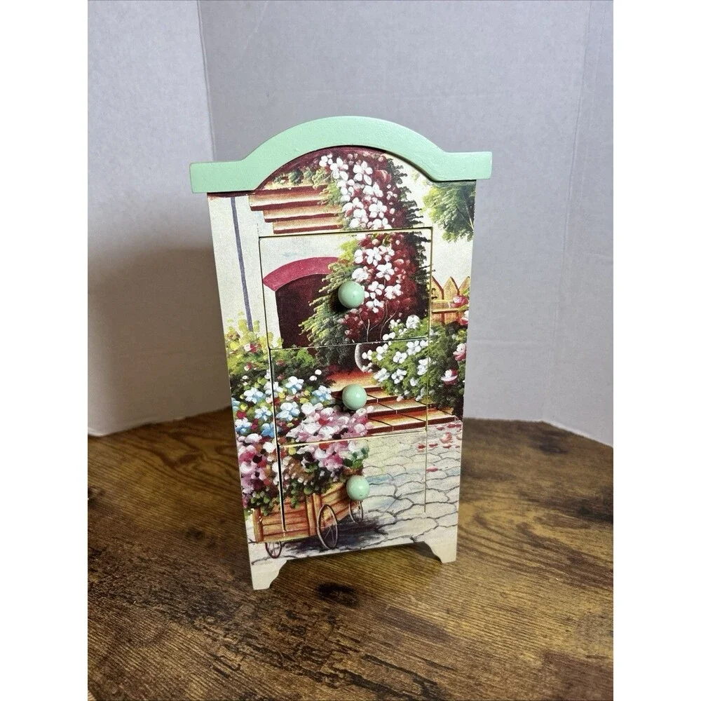 Anister Gifts Wood Jewelry Box Floral 3 Drawer Arch Cottage Vintage Shabby Chic
